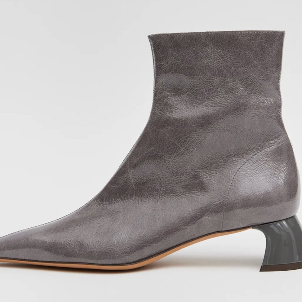 Tibi George Bootie FW2024 Ash Grey Patent Leather Ankle Boots – EU 36